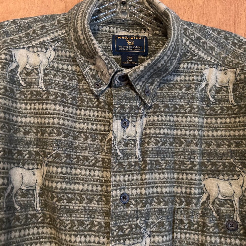 Mens WOOLRICH Sz XXL Green and Tan Pattern w/ Deer Long Sleeve Button Down Shirt - Picture 3 of 7